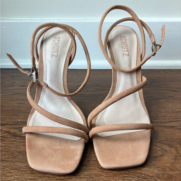 Schutz Light Brown Leather Square Toe Strapy Heels - Size 8M
